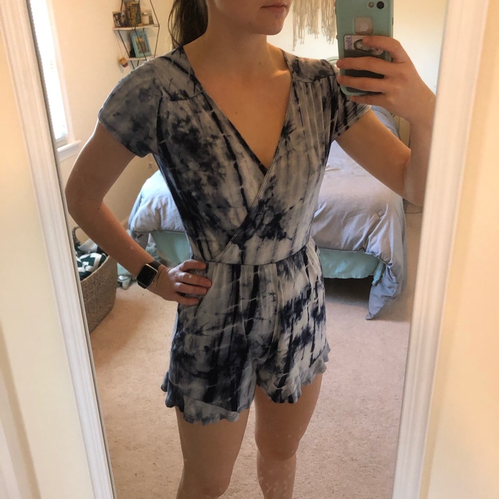 Navy tie dye ruffled romper